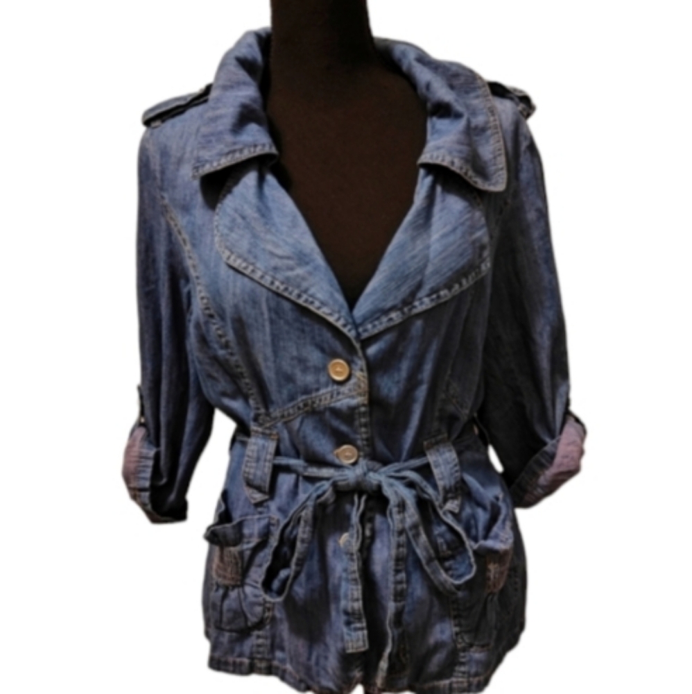 CHANON Lightweight Denim Jacket Big Collar Button up Sleeves Tie Belt Sz T2